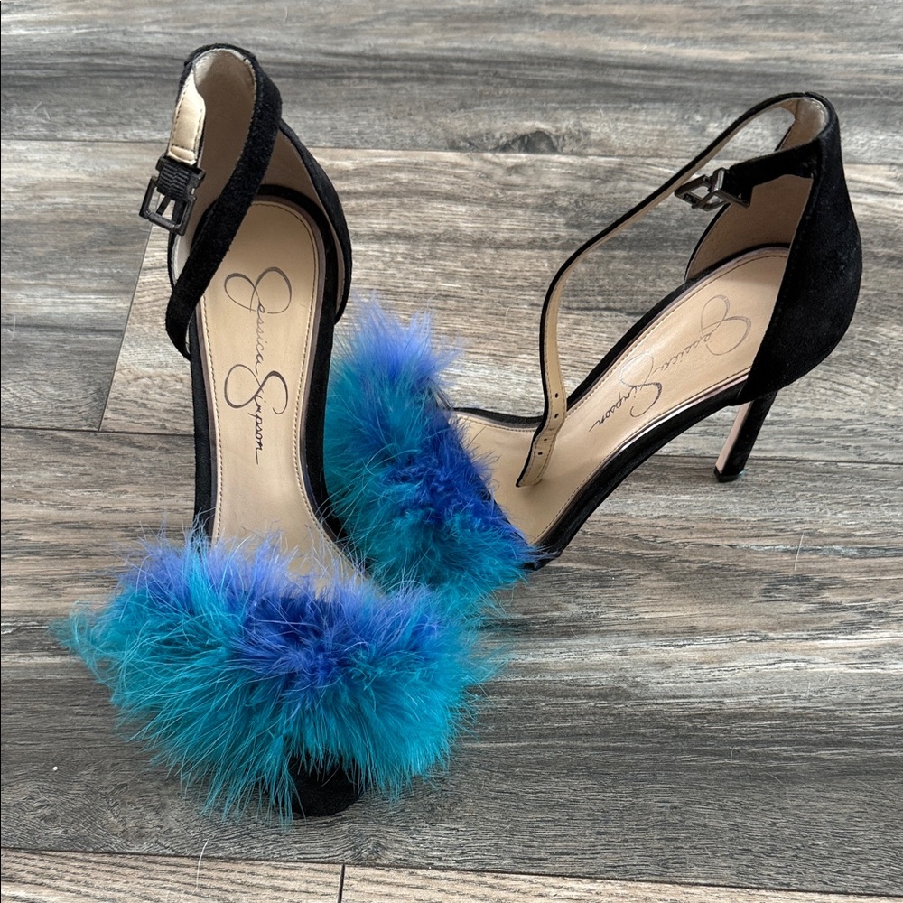 Jessica Simpson Black Heels with Blue Feather Accents